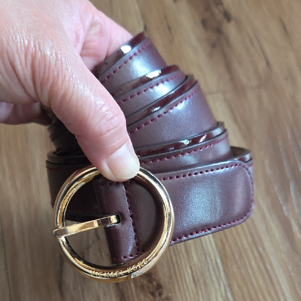 Michael Kors Burgundy Leather Belt with Gold Buckle